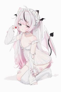 Rule 34 | 1girl, absurdres, animal ear fluff, animal ears, artist request, babydoll, bandaid, bandaid on leg, black eyes, black hair, black wings, breasts, cat ears, cherry, collar, collarbone, commentary, demon girl, demon tail, detached sleeves, english commentary, food, fruit, full body, gradient hair, hair ornament, hair ribbon, half-closed eyes, hand on floor, hand up, head wings, heterochromia, highres, holding, holding food, holding fruit, indie virtual youtuber, knees, looking at viewer, maid headdress, multicolored hair, nightgown, parted lips, piercing, pink eyes, pink hair, ribbon, second-party source, seiza, simple background, single thighhigh, sitting, sleeves past wrists, small breasts, solo, streaked hair, tail, tail ornament, tail piercing, thighhighs, thighs, twitter username, virtual youtuber, white babydoll, white background, white collar, white hair, white ribbon, white sleeves, white wings, wings, x hair ornament, yumezuki yomi