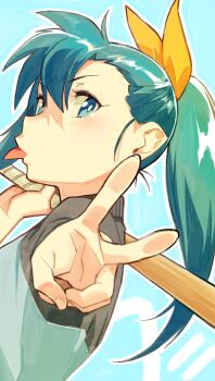 1girl :p baseball_bat bat_(animal) blue_background blue_eyes blue_hair bow bright_pupils hair_bow highres holding holding_baseball_bat holding_bat long_sleeves looking_at_viewer nonco original outline shirt solo tongue tongue_out upper_body white_outline white_pupils yellow_bow