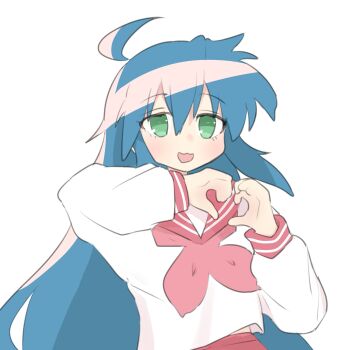 1girl a_fd94 blue_hair green_eyes hair_between_eyes heart heart_hands highres image_sample izumi_konata long_hair lucky_star red_sailor_collar red_skirt sailor_collar school_uniform serafuku simple_background skirt solo twitter_sample white_background