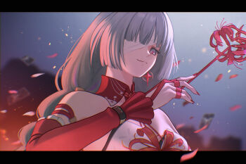 1girl 8k_u bandage_over_one_eye bare_shoulders breasts closed_mouth commentary_request detached_sleeves fingernails flower grey_eyes grey_hair hand_up highres holding holding_flower letterboxed long_fingernails long_hair looking_at_viewer medium_breasts nail_polish petals phrolova_(wuthering_waves) red_nails red_petals red_pupils single_detached_sleeve smile solo spider_lily wuthering_waves