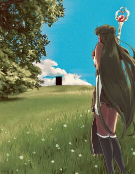 bishoujo_senshi_sailor_moon black_boots black_sailor_collar black_skirt boots bow choker dark-skinned_female dark_skin door earrings elbow_gloves from_behind garnet_rod gloves grasslands green_hair hair_bun highres jewelry liminal_space long_hair magical_girl meiou_setsuna mercuri0ff red_bow sailor_collar sailor_pluto sailor_senshi_uniform single_hair_bun skirt tree white_gloves