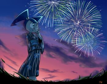 1girl android blue_eyes blue_hair blue_kimono colored_skin dishwasher9 fireworks humanoid_robot japanese_clothes jenny_wakeman joints kimono my_life_as_a_teenage_robot nickelodeon robot robot_girl solo twintails white_skin