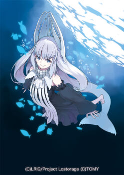 1girl black_dress blue_eyes blue_hair cetacean_tail character_request closed_mouth copyright_notice dress fins fish fish_tail long_hair looking_at_viewer official_art satoma_makoto smile solo tail underwater water whale_girl wixoss