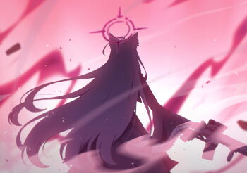 1girl animal_ears artist_request assault_rifle black_dress black_halo blue_archive broken_halo dress from_behind game_cg grey_hair gun halo highres holding holding_gun holding_weapon long_hair non-web_source official_art rifle shiroko_terror_(blue_archive) solo very_long_hair weapon wide_sleeves wolf_ears wolf_girl