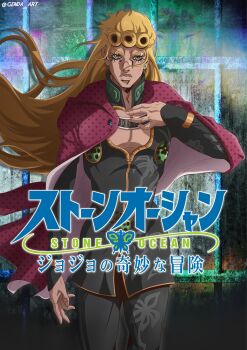 1boy absurdres blonde_hair cape earrings eyelashes fingernails genda_art giorno_giovanna green_eyes highres jewelry jojo_no_kimyou_na_bouken ladybug_ornament lips long_hair male_focus pectoral_cleavage pectorals solo stone_ocean vento_aureo very_long_hair victory_rolls