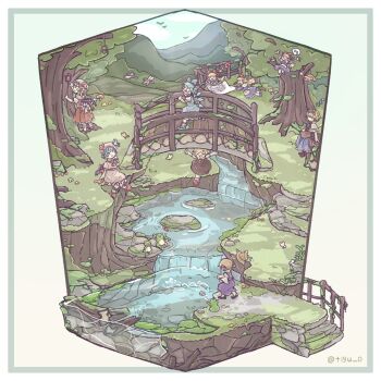 6+girls :d alice_margatroid blonde_hair blue_hair border bow brown_hat bug chigu cirno closed_eyes commentary_request day dragonfly flandre_scarlet flying forest hair_bow hat highres insect moriya_suwako multiple_girls nature open_mouth outdoors outside_border red_bow remilia_scarlet river rumia shanghai_doll short_hair smile stairs standing touhou tree twitter_username unworn_headwear water waterfall white_border