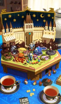 akitaken_(non_faciem) avalon_le_fae_(fate/grand_order) baobhan_sith_(fate) barghest_(fate) card castle chocolate commentary crescent cup dice drink fate/grand_order fate_(series) figure food food_art food_focus gnome indoors melusine_(fate) miniature morgan_le_fay_(fate) no_humans official_art playing_card saucer spriggan_(fate) tea teacup third-party_source white_chocolate woodwose_(fate)