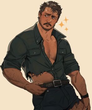 1boy arm_hair beard belt blue_pants blue_shirt brown_hair chest_hair chris_sdd collared_shirt denim facial_hair hand_on_belt highres jeans joel_(the_last_of_us) looking_to_the_side male_focus muscular muscular_male mustache pants shirt short_hair simple_background solo sparkle the_last_of_us the_last_of_us_(series) torn_clothes torn_pants torn_shirt white_background yaoi