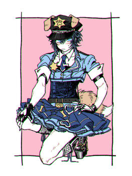 1boy animal_ears black_footwear black_gloves black_hat blue_eyes blue_necktie blue_shirt blue_skirt blush bone closed_mouth clothing_cutout collared_shirt commentary_request crop_top crossdressing crossdressing_(mtf) cuffs dog_boy dog_ears dog_tail expressionless eyes_visible_through_hair final_fantasy final_fantasy_xv fingerless_gloves fishnet_socks fishnets full_body gedougawa gloves grey_hair handcuffs hat heart_cutout heart_handcuffs long_bangs looking_at_viewer male_focus necktie noctis_lucis_caelum on_one_knee peaked_cap pink_background platform_footwear pleated_skirt police police_uniform sheriff_badge shirt short_hair simple_background skirt socks solo tail white_background white_shirt
