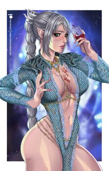 absurdres alcohol baldur's_gate baldur's_gate_3 blue_dress blush body_freckles braid breasts chain closed_mouth cowboy_shot diadem dress elf eyeshadow freckles from_side green_eyes highres liquid long_hair looking_to_the_side makeup medium_breasts pointy_ears shadowheart_(baldur's_gate) shy sidelocks simple_background solo standing wine
