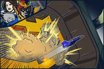 1boy 1girl action aircraft armor blue_coat blue_eyes blue_falcon brown_hair captain_falcon clenched_teeth close-up coat explosion f-zero f-zero_gx flying_car gate helmet high_collar hover_vehicle jody_summer jrcomicart lips looking_at_viewer mask midair nintendo open_mouth pauldrons race_vehicle red_headwear scarf science_fiction shoulder_armor single_pauldron teeth white_eyes yellow_scarf