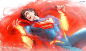 1boy absolute_dc absolute_superman arms_up artist_name black_hair blue_bodysuit bodysuit closed_eyes dc_comics english_text gloves hair_behind_ear hashtag-only_commentary highres illuzyne lying male_focus on_back open_mouth short_sideburns smile superhero_costume superman superman_(series) superman_logo teeth upper_teeth_only yellow_gloves