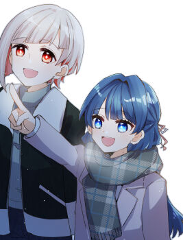 2girls blue_eyes blue_hair breath casual colored_inner_hair commentary_request dollchestra enpera grey_hair grey_jacket grey_scarf grey_sweater half_updo jacket kanduki_kamibukuro light_particles link!_like!_love_live! long_hair love_live! mole mole_on_neck multicolored_hair multiple_girls murano_sayaka pointing pointing_up red_eyes red_hair red_streaks scarf short_hair simple_background streaked_hair sweater turtleneck turtleneck_sweater upper_body virtual_youtuber white_background yugiri_tsuzuri