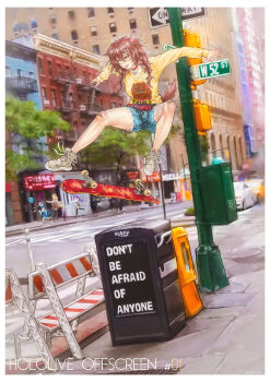 4girls adapted_costume animal_ears animal_print apartment balloon bandaid bandaid_on_knee bandaid_on_leg barricade belt bone_hair_ornament border braid breasts building caption car character_print choker city cityscape crosswalk cutoff_jeans cutoffs denim denim_shorts dog_ears dog_tail fangs fire_escape full_body gawr_gura hair_ornament highres hololive hololive_english hololive_indonesia inugami_korone jumping kuon_(kwonchanji) long_hair manhole manhole_cover medium_breasts messy_hair moona_hoshinova motor_vehicle multiple_girls new_york_city newspaper_box one_way_sign open_mouth outstretched_arms paw_pendant photo_background print_clothes print_shirt road road_sign running shirt shoelaces shoes short_sleeves shorts sign skateboard skateboarding sneakers street sweater t-shirt tail thighhighs tree twin_braids virtual_youtuber watson_amelia white_border yellow_shirt