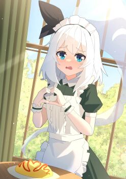 1girl absurdres alternate_costume apron blue_eyes blush chinese_commentary commentary_request dress embarrassed enmaided food green_dress heart heart_hands highres hitodama konpaku_youmu konpaku_youmu_(ghost) looking_at_viewer maid maid_apron maid_headdress omelet omurice open_mouth plate puffy_short_sleeves puffy_sleeves sdftehn short_sleeves solo touhou white_apron white_hair wrist_cuffs