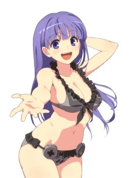 1girl :d aoi_kasumi arm_behind_head arm_up bare_arms bikini blush breasts cleavage collarbone commentary_request cowboy_shot eyebrows female_focus frilled_bikini frills front-tie_bikini_top front-tie_top game_console grey_bikini highres long_hair looking_at_viewer medium_breasts navel nintendo open_mouth original outstretched_arm purple_eyes purple_hair ryo_mizuse simple_background smile solo super_famicom swimsuit teeth white_background