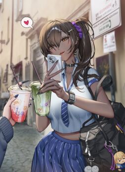 2girls bag black_choker black_hair black_nails blue_eyes blue_nails blue_necktie blush breasts brown_eyes cellphone character_charm character_name charm_(object) choker commentary cup dark-skinned_female dark_skin diagonal-striped_clothes diagonal-striped_neckerchief drinking_glass drinking_straw ear_piercing english_commentary eyes_visible_through_hair female_pov fingernails gnxxe1 goddess_of_victory:_nikke hair_ornament hair_over_one_eye hairclip head_tilt heart highres holding holding_cup holding_phone large_breasts long_fingernails long_hair long_sleeves looking_at_phone looking_at_viewer loose_necktie midriff_peek mole mole_under_mouth multiple_girls naga_(nikke) neckerchief necktie one_eye_covered outdoors parted_lips phone piercing pov pov_hands road_sign school_bag sharp_fingernails shirt short_sleeves side_ponytail sign skirt smartphone solo speech_bubble spoken_heart standing striped_clothes striped_neckerchief striped_skirt tia_(nikke) white_shirt