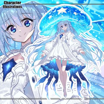 Rule 34 | 1girl, absurdres, blue dress, blue eyes, blue hair, closed mouth, commentary request, dress, fantasy, full body, high heels, highres, jacket, jellyfish girl, long hair, long sleeves, looking at viewer, nakama daichi, open clothes, open jacket, original, puffy long sleeves, puffy sleeves, shoes, smile, star (symbol), starry sky print, two-sided dress, two-sided fabric, very long hair, white dress, white jacket, white shoes, zoom layer