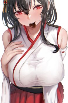 Rule 34 | 1girl, bare shoulders, black hair, blush, breasts, candy, chocolate, chocolate heart, commentary request, detached sleeves, food, hair between eyes, hakama, hakama short skirt, hakama skirt, heart, heart-shaped food, highres, japanese clothes, kantai collection, kimono, large breasts, looking at viewer, medium hair, miyako (rgrayt), mouth hold, red hakama, sidelocks, simple background, skirt, solo, white background, white kimono, white sleeves, wide sleeves, yamashiro (kancolle)