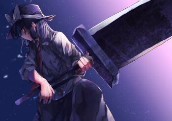 alternate_eye_color black_hair black_hat black_skirt bow closed_mouth collared_shirt dragonslayer_(sword) gradient_background hair_bow hat hat_bow highres holding holding_weapon huge_weapon looking_to_the_side muraryo necktie orange_eyes red_nails shirt short_hair skirt sky sleeve_cuffs star_(sky) starry_sky sword touhou usami_renko weapon white_bow white_shirt