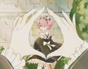 2girls absurdres black_dress blue_nails commentary_request dress frilled_dress frills hair_ornament hair_over_one_eye highres leaf looking_at_viewer looking_back maid maid_headdress multiple_girls orange_eyes pink_hair pov pov_hands ram_(re:zero) re:zero_kara_hajimeru_isekai_seikatsu rem_(re:zero) short_hair siblings sisters smile stone_wall ujiginji x_hair_ornament