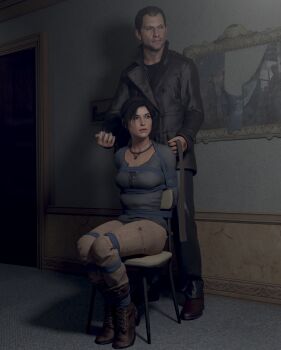 1boy 1girl 3d absurdres arms_behind_back bdsm bondage bound bound_ankles bound_legs breast_bondage breasts brown_eyes brown_hair chair cloth_gag gag highres holding_gag imminent_gagging improvised_gag jewelry konstantin lara_croft necklace rope sitting skvrwiel tied_to_chair tomb_raider tomb_raider_(reboot)