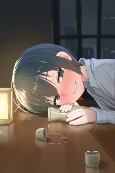 1girl absurdres akts625 alcohol androgynous bar_(place) black_eyes black_hair blush bottle choko_(cup) city collared_shirt commentary cup dark dress_shirt drunk grin hair_between_eyes half-closed_eyes hands_on_table head_on_table highres holding holding_bottle kino_(kino_no_tabi) kino_no_tabi lamp long_sleeves looking_at_viewer night parted_lips romaji_commentary sake sake_bottle shirt short_hair smile solo spill tokkuri tomboy very_short_hair white_shirt window