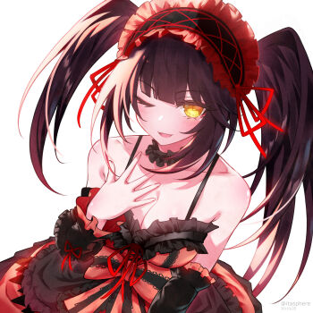 1girl absurdres bare_shoulders black_hair breasts cleavage clock_eyes collarbone date_a_live detached_sleeves dress frilled_dress frilled_hairband frills hairband heterochromia highres itasphere lolita_fashion lolita_hairband long_hair looking_at_viewer medium_breasts one_eye_closed open_mouth red_dress smile solo symbol-shaped_pupils tokisaki_kurumi tokisaki_kurumi_(spirit) twintails two-tone_dress white_background yellow_eyes