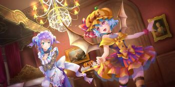 2girls alternate_costume alternate_hairstyle apron aqua_bow back_bow bare_shoulders bat_wings bed blue_eyes blue_hair blue_shoes blush bow braid brooch chain chandelier choker clothes_lift commentary cup curtains door double_bun dress earrings english_commentary full_body game_cg grey_hair hair_between_eyes hair_bow hair_bun halloween halloween_costume hat head_wings highres indoors izayoi_sakuya izayoi_sakuya_(would_you_like_pumpkin_tea?) jack-o'-lantern jewelry layered_dress long_hair long_sleeves maid maid_apron maid_headdress mob_cap multiple_girls official_art open_mouth orange_bow orange_dress orange_hat painting_(object) pocket_watch pumpkin pumpkin_hat red_eyes remilia_scarlet remilia_scarlet_(trick_or_grrr!) seed shoes short_hair side_braids side_slit simple_background sitting skirt skirt_lift smile solo stained_clothes tea teacup teapot third-party_source touhou touhou_lostword twin_braids usuda_hiro watch white_apron white_background white_bow wings wristband yellow_bow