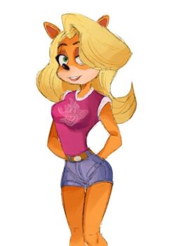 1girl 2017 animal_nose arms_behind_back bandicoot_are_sawg bare_legs belt blonde_hair breasts colored_inner_hair commentary cowboy_shot crash_bandicoot_(series) denim denim_shorts english_commentary eyeshadow female_focus furry furry_female green_eyes grin large_breasts long_hair makeup multicolored_hair orange_fur pink_lips pink_shirt red_eyeshadow second-party_source shirt shorts simple_background smile solo standing tawna_bandicoot white_background
