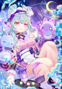 1girl absurdres apron aqua_hair blush breasts closed_mouth commentary_request dango dango_milk_(genshin_impact) fingernails food frilled_apron frilled_sleeves frills genshin_impact hair_between_eyes hair_ornament highres holding holding_own_hair japanese_clothes kimono long_hair looking_at_viewer maid maid_apron maid_headdress medium_breasts nail_polish nihongami obi_bow pink_eyes pink_kimono pink_nails pointy_ears purple_nails sandals sleeveless sleeveless_kimono socks tail user_nvrw2483 wa_maid wagashi white_apron white_socks yumemizuki_mizuki