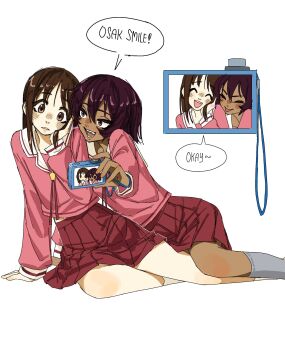 Rule 34 | 2girls, :d, :p, arm support, artist name, azumanga daioh's school uniform, azumanga daiou, blush, breasts, brown eyes, brown hair, camera, closed eyes, commentary, dark-skinned female, dark skin, digital camera, english text, eyelashes, feet out of frame, hair between eyes, hair over shoulder, heads together, highres, holding, holding camera, kagura (azumanga daioh), kasuga ayumu, kyuunn, lanyard, leaning to the side, long hair, looking at another, looking at object, looking to the side, medium breasts, midriff peek, multiple girls, neck ribbon, nose blush, open mouth, parted lips, pink ribbon, pink serafuku, pink shirt, pleated skirt, red skirt, ribbon, romaji commentary, sailor collar, school uniform, serafuku, shirt, short hair, signature, sitting, skirt, small breasts, smile, speech bubble, teeth, tongue, tongue out, upper teeth only, white sailor collar, winter uniform, yokozuwari