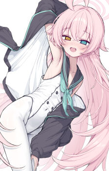 1girl @_@ alternate_costume armpits black_jacket blue_archive blue_eyes blush fang halo heterochromia highres hoshino_(blue_archive) jacket long_hair looking_at_viewer metaljelly open_mouth pantyhose pink_hair pink_halo shirt simple_background solo very_long_hair white_background white_pantyhose white_shirt yellow_eyes