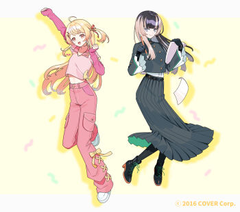 2girls :d ahoge alternate_costume arm_up arm_warmers bell-bottoms belt black_belt black_footwear black_gloves black_hair blonde_hair blue_eyes blunt_bangs boots calligraphy_brush collarbone collared_shirt colored_shoe_soles commentary_request copyright_notice cross-laced_footwear denim double-parted_bangs dress fortissimo gakuran gloves green_skirt grey_hair hair_ornament hair_ribbon hand_up high-waist_pants high-waist_skirt high_heel_boots high_heels highres holding holding_calligraphy_brush holding_paintbrush holding_paper hololive hololive_dev_is jeans juufuutei_raden long_hair looking_at_viewer midriff_peek multicolored_hair multiple_girls musical_note musical_note_hair_ornament musical_note_necklace official_art one_side_up open_mouth otonose_kanade paintbrush pants paper paper_stack pink_arm_warmers pink_nails pink_pants pink_shirt pleated_dress pleated_skirt puteru red_eyes red_ribbon ribbon school_uniform shirt shirt_tucked_in shoes sidelocks simple_background skirt smile sneakers standing standing_on_one_leg streaked_hair t-shirt two-tone_background two-tone_hair virtual_youtuber white_background white_shirt white_shoes wide_sleeves yellow_background