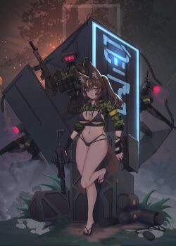 1girl absurdres animal_ear_fluff animal_ears assault_rifle backlighting bikini black_bikini breasts brown_hair cadpat callisto_(greyeth) cameltoe chain commission cropped_jacket dog_tags female_pubic_hair fingerless_gloves fox_ears fox_tail gloves gun highres holding holding_gun holding_weapon long_bangs looking_at_viewer medium_breasts metal_plate midriff multicolored_hair navel_piercing neon_sign orange_eyes original piercing ponytail pubic_hair rifle robot sandals second-party_source shell_casing sig_mpx streaked_hair submachine_gun swimsuit syaha tail thong tree watch weapon
