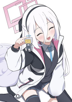 1girl :d ^_^ absurdres between_legs black_bow black_hairband black_skirt black_thighhighs black_vest blue_archive blue_necktie blush bow closed_eyes collared_shirt commentary_request cowboy_shot facing_viewer from_above godondondodon hair_bow hairband half_updo halo hand_between_legs hand_up happy highres jacket kei_(blue_archive) kei_(new_body)_(blue_archive) kei_(robot)_(blue_archive) long_hair long_sleeves looking_at_viewer miniskirt necktie no_shoes open_clothes open_jacket open_mouth pink_halo pleated_skirt rectangular_halo school_uniform shirt sitting skirt smile solo straight_hair thighhighs very_long_hair vest wariza white_hair white_jacket white_shirt zettai_ryouiki