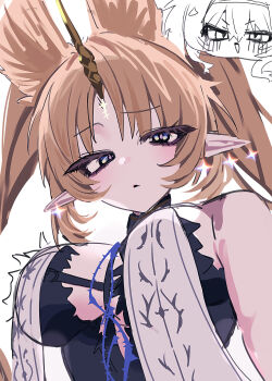 Rule 34 | 1girl, absurdres, aegyo sal, alternate hairstyle, animal ears, backlighting, bare shoulders, blonde hair, blue eyes, breast curtains, breasts, brown horns, cameo, closed mouth, commentary request, dos dos121, extra ears, facial mark, fleurdelys (wuthering waves), flipped sidelocks, forehead mark, from below, highres, horns, kemonomimi mode, large breasts, long hair, looking at viewer, lupa (wuthering waves), middle part, parted bangs, pointy ears, raised eyebrow, simple background, single horn, sleeveless, solo focus, stole, tacet mark (wuthering waves), thorns, unicorn horn, upper body, white background, wuthering waves