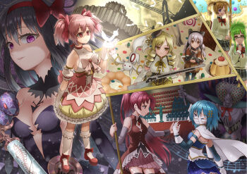 Rule 34 | 6+girls, akemi homura, akemi homura (magical girl), black hair, black thighhighs, blonde hair, blue hair, bow, bowtie, commentary request, curly hair, feathers, glasses, green hair, hat, highres, kaname madoka, kaname madoka (magical girl), kyubey, long hair, magical girl, mahou shoujo madoka magica, mahou shoujo madoka magica: walpurgis no kaiten, mahou shoujo madoka magica (anime), miki sayaka, miki sayaka (magical girl), momoe nagisa, momoe nagisa (magical girl), multiple girls, musical note, oktavia von seckendorff, orange hair, pink hair, purple eyes, red bow, red bowtie, red eyes, red hair, red ribbon, ribbon, ruruki, sakura kyoko, sakura kyoko (magical girl), shoes, short hair, smile, thighhighs, tomoe mami, tomoe mami (magical girl), twintails, walpurgisnacht (madoka magica), white hair, witch (madoka magica)