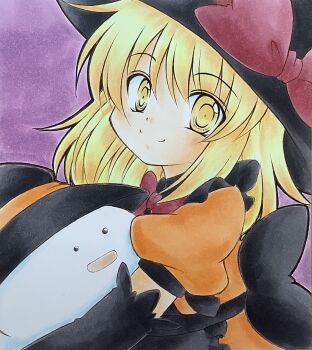 Rule 34 | 1girl, alternate costume, blonde hair, blush, bow, halloween, halloween costume, hat, hat bow, highres, kana anaberal, kazra, marker (medium), orange shirt, purple background, red bow, shirt, smile, solo, touhou, touhou (pc-98), traditional media, witch hat, yellow eyes