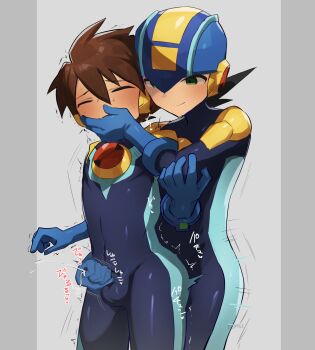 2boys blue_gloves bodysuit brothers closed_eyes commentary_request covering_another's_mouth cross_fusion gagged gloved_handjob gloves hand_gagged hand_over_another's_mouth handjob helmet highres incest kuru_(tpvz2437) lan_hikari_(mega_man) male_focus mega_man_(series) mega_man_battle_network_(series) megaman.exe multiple_boys no_headwear seductive_smile shota siblings skin_tight smile standing twincest twins yaoi