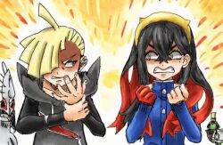 1boy 1girl ahoge angry animated black_hair blonde_hair blueberry_academy_school_uniform carmine_(pokemon) clenched_hands ear_piercing fist_shaking gen_7_pokemon gladion_(pokemon) gloves hair_between_eyes hair_over_one_eye hood hoodie kicdon legendary_pokemon looking_at_another mole mole_under_eye multicolored_hair nintendo piercing pokemon pokemon_(creature) pokemon_sm pokemon_sv red_hair school_uniform shaded_face silvally single_glove sinistcha tagme teeth two-tone_hair upper_body video yellow_eyes