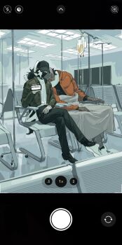 Rule 34 | 2boys, alternate costume, black nails, black pants, black shoes, blanket, closed eyes, dark-skinned male, dark skin, fake phone screenshot, fake screenshot, hat, highres, holding, holding phone, hospital, intravenous drip, jacket, leaning to the side, looking at viewer, male focus, mask, molymes, mouth mask, multicolored hair, multiple boys, nail polish, nintendo, open clothes, open jacket, orange jacket, pants, phone, piers (pokemon), pokemon, pokemon swsh, raihan (pokemon), ribbed sweater, scarf, scarf over mouth, shoes, sitting, sweater, two-tone hair