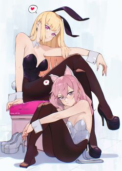 Rule 34 | 2girls, animal ears, bare shoulders, black leotard, black pantyhose, blonde hair, breasts, cat ears, cat tail, cesar art456, fake animal ears, fake tail, full body, high heels, highres, inui sajuna, kitagawa marin, leotard, long hair, medium breasts, multiple girls, pantyhose, pink hair, playboy bunny, rabbit ears, rabbit tail, simple background, small breasts, sono bisque doll wa koi wo suru, strapless, strapless leotard, tail, white background, white leotard