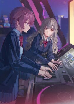 2girls absurdres arcade arcade_cabinet arm_support blue_eyes blue_jacket blue_skirt bow bowtie brown_eyes collared_shirt commission cowboy_shot grey_hair highres indoors jacket long_hair long_sleeves looking_ahead looking_at_another multiple_girls open_mouth original parted_lips pink_bow pink_bowtie pink_hair pleated_skirt profile red_bow red_bowtie reset school_uniform shirt short_hair skirt standing wavy_hair white_shirt