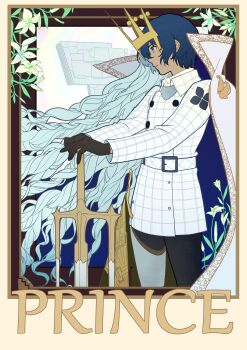 Rule 34 | 1boy, absurdres, belt, belt buckle, black gloves, blue cape, blue hair, border, buckle, cape, closed mouth, coat, collared coat, commentary, flower, from side, frown, gloves, hair behind ear, hashtag-only commentary, highres, leaf, lily (flower), long hair, long sleeves, male focus, metaphor: refantazio, mystical high collar, pants, profile, protagonist (metaphor: refantazio), short hair, solo, standing, sword, two-sided cape, two-sided fabric, very long hair, weapon, white cape, white coat, white flower, wing collar, you92