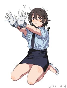 Rule 34 | 1girl, blush, cuffs, glasses, gloves, handcuffs, highres, looking at viewer, momijiyama teru, pencil skirt, police, police uniform, policewoman, shirt, shoes, short hair, shy (series), simple background, skirt, solo, takatisakana, white background