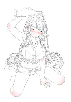 1girl arazand armpits blush bottle bra_visible_through_clothes breasts commentary commission drunk ear_piercing english_commentary full-face_blush full_body greyscale high_heels highres holding holding_bottle large_breasts long_hair looking_at_viewer monochrome office_lady open_mouth original piercing pouring shoes simple_background sitting skirt smile solo stiletto_heels very_long_hair wariza white_background