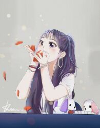 Rule 34 | 1girl, absurdres, blowing, blush, bracelet, commentary, earrings, english commentary, eyelashes, gfriend, grey background, half updo, highres, hoop earrings, jewelry, k-pop, kasurinjung, long hair, petals, real life, shirt, short sleeves, signature, sinb (gfriend), solo, stuffed animal, stuffed dog, stuffed toy, t-shirt, table, upper body, white shirt
