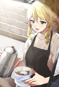 1girl absurdres ahoge alternate_costume apron barista black_apron blonde_hair blush brick_wall coffee_pot drip_coffee green_eyes highres holding holding_kettle hoshii_miki idolmaster idolmaster_(classic) idolmaster_million_live! katsu_(kana) kettle ponytail pouring sidelocks smile solo steam sweater water_drop white_sweater