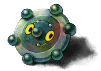 bronzor commentary_request full_body gen_4_pokemon kaosu_(kaosu0905) nintendo no_humans pokemon pokemon_(creature) pokemon_focus scratches shadow simple_background solo white_background yellow_eyes